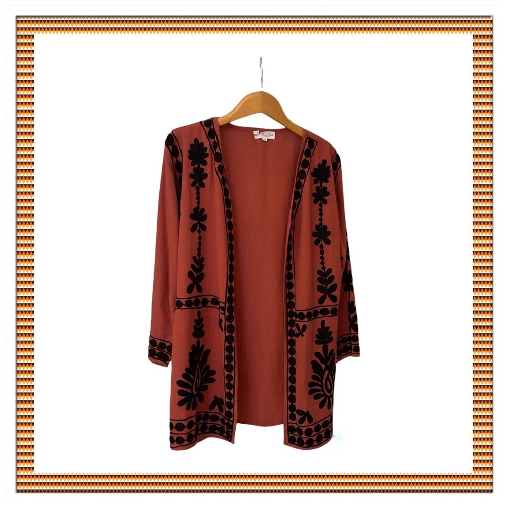 Angel Heart Boutique Rust Open Front Jacket with Black Embroidery, Size M